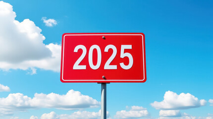 Obraz premium Bold Red Road Sign Indicating the Year 2025 Under a Bright Blue Sky