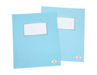 Blue copybooks isolated on white, top view. School stationery