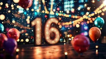 Colorful decorations celebrating a fun 16th birthday with balloons and sparkly lights.