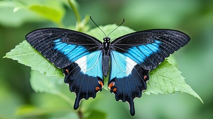 A vibrant blue and black butterfly resting on a green leaf.