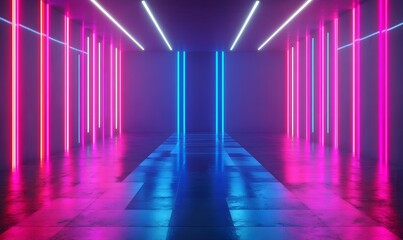 Glowing neon lights in a corridor with vibrant pink, purple and blue hues.
