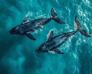 Fototapeta premium Two whales moving gracefully in the transparent blue sea, displaying marine life.