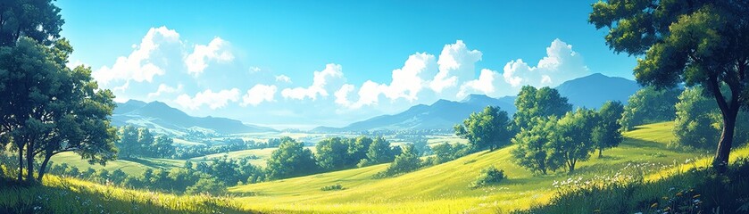 Serene landscape view rolling hills nature scene vibrant greens peaceful environment daytime bliss