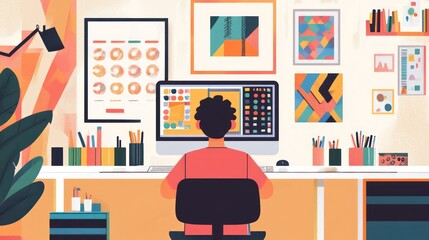 Fototapeta premium Person working at a computer in a creative workspace.
