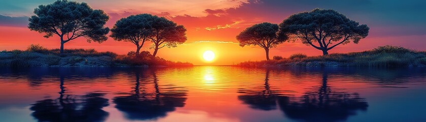 Fototapeta premium Sunset reflection over calm water nature scene tranquil landscape serene environment vibrant colors horizontal view