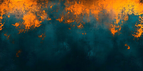 Fototapeta premium A distressed abstract background in dark teal with highlights of warm orange light, rough textures, and layered grunge patterns for a vintage-inspired look