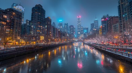 Obraz premium A vibrant city skyline at night reflecting on a calm river.