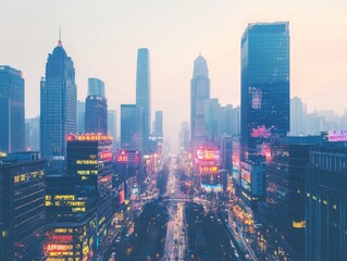 Fototapeta premium A vibrant city skyline at dusk, showcasing modern architecture and lights.