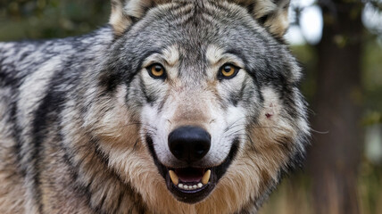 CloseUp Portrait of a Smiling Wolf with Brown Eyes