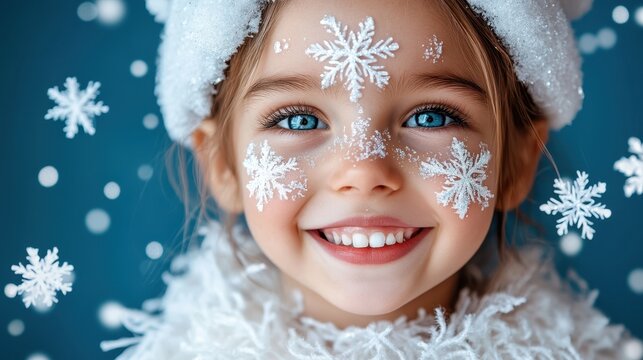 Cute little girl with silver snowflakes on her face smiles joyfully in a festive winter setting - Powered by Adobe