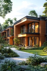 Fototapeta premium Modern residential complex with serene water reflections during sunset in a tranquil setting
