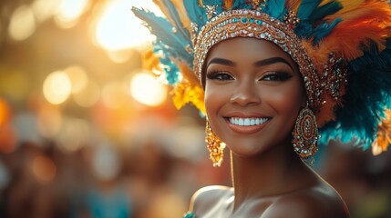 Brightly dressed woman smiles during a vibrant cultural celebration in a lush outdoor setting