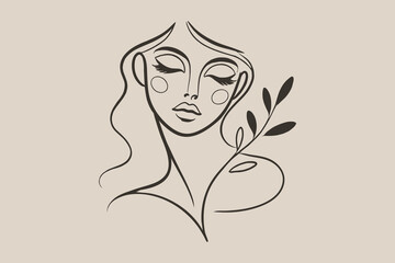  Minimalist line art portrait of a woman with flowers in black ink, logo, print, icon