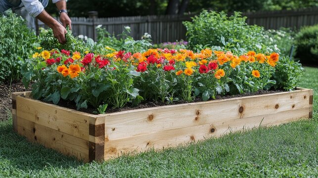 Colorful flower garden with vibrant blooms in raised bed during sunny afternoon