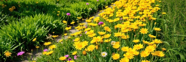 Obraz premium Vibrant daffodil flowers blooming in a lush green field under the sun, flora, peaceful, flowerbed
