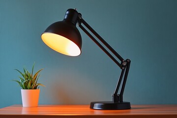 Stylish black desk lamp illuminating a cozy workspace with a green plant nearby
