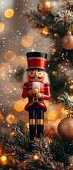 Happy nutcracker in a bokeh background. Christmas tree decorations