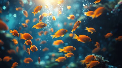 A dynamic coral reef bustling with diverse, brilliantly colored fish darting among the coral, demonstrating the magnificence of oceanic life in the deep blue waters.