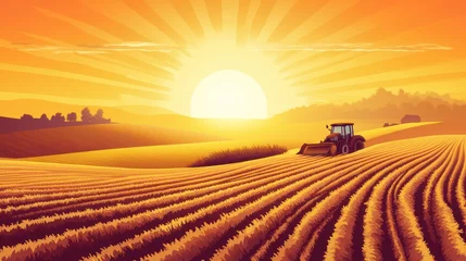 Fotobehang Tractor in field at sunset. (2) © hazia