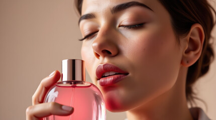 Woman Enjoying the Scent of a Pink Perfume Bottle While Relaxing Indoors