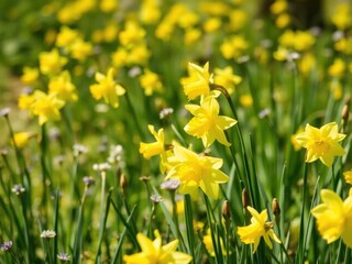 Fototapeta premium Vibrant yellow daffodil flowers blooming in a lush field under the bright sun, nature, growth