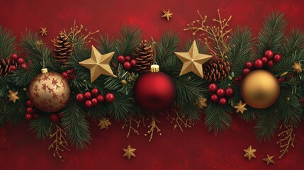 A vibrant red Christmas background adorned with gold ornaments, red baubles, glittering stars, and lush evergreen branches, creating a festive holiday atmosphere.