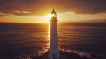 A lighthouse stands tall against a stunning sunset over the ocean, guiding ships safely.