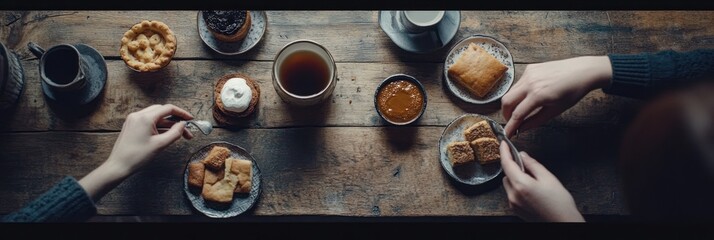 Overhead view of two people enjoying pastries and tea on a wooden table.