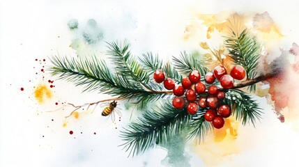 Watercolor Painting of Festive Pine Branch with Red Berries and a Bee