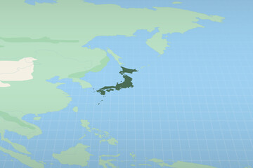 Japan highlighted on a detailed map, geographic location of Japan.