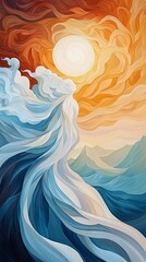 A vibrant depiction of flowing water and sky merging with the sun.