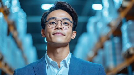 Fototapeta premium Young asian man inspects warehouse inventory while holding a clipboard in a well-organized storage facility