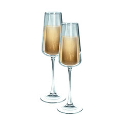 Two glasses of champagne. Watercolor isolated illustration. Glamorous sparkling wine with golden bubbles. Trendy alcoholic drinks for a couple. Prosecco for wedding and Valentine's Day