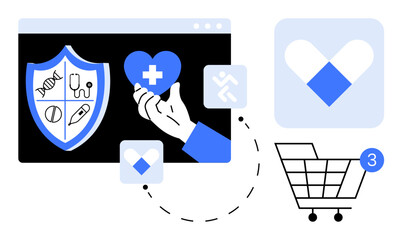 Hand holding heart with medical cross, healthcare shield, app icon with heart overlaid on screen, shopping cart. Ideal for medical services, online shopping, healthcare apps, health technology