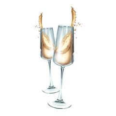 Two glasses of champagne with splashes of drink. Watercolor isolated illustration. Sparkling wine with golden bubbles. Trendy alcoholic drinks for a couple. Prosecco for wedding and Valentine's Day
