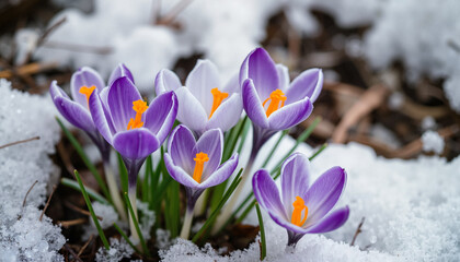 Beautiful purple crocuses blooming through melting snow in early spring