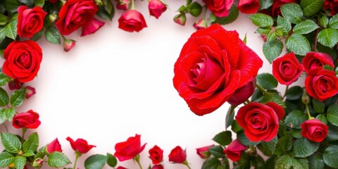 A delicate frame made of vibrant red rose flowers and emerald green leaves, leaves, nature