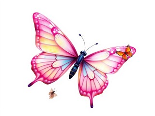 A delicate pink butterfly with intricate wings resting on a clean white background, fluttering, harmony, intricate