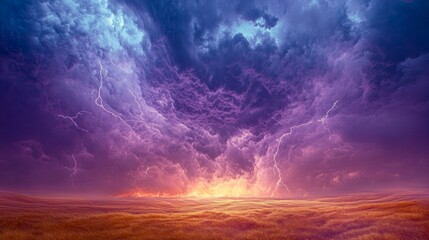 A dramatic scene showcasing a vast grassland under a sky filled with ominous purple storm clouds and lightning, evoking feelings of awe and nature's power.
