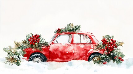 Red Vintage Car in Snowy Christmas Scene