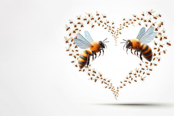 Obraz premium A heart of bees with two bees in the center. Space for text.