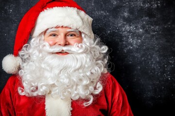 Close-up of Santa Claus from the side, featuring his red pointed hat and white-gray beard, framed on a black backdrop with extra space for text.