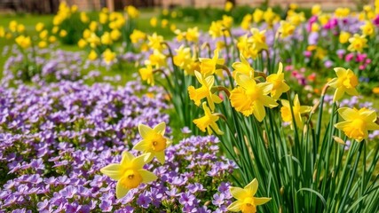 Obraz premium Beautiful daffodil flowers blooming in a vast field under the bright sun, creating a mesmerizing and colorful display, vibrant, fresh, meadow