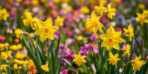 Obraz premium Beautiful daffodil flowers blooming in a vibrant field under the sun, yellow, seasonal