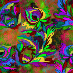 Obraz premium Floral seamless pattern. Ethnic motif. Ukrainian pattern. . Decorative composition with floral motifs. Watercolor. Wallpaper. Use printed materials, signs, posters, postcards, packaging. 