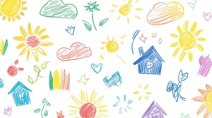 Childlike Crayon Sun, House, Cloud Doodle Pattern