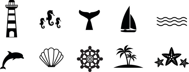 Nautical icons representing marine life and navigation elements. Illustration, vector