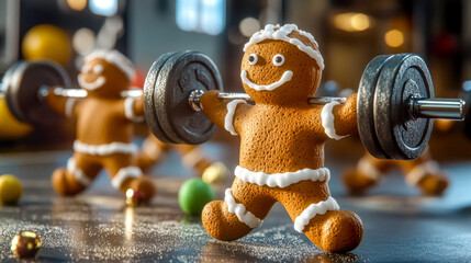 Gingerbread men lifting weights in christmas gym