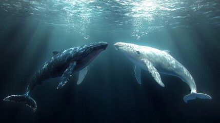 Fototapeta premium A diver engages with a magnificent whale beneath the surface, highlighting marine life and exploration.