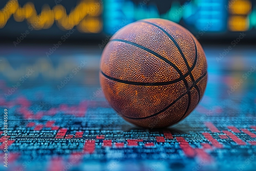 Poster a basketball positioned in front of a screen displaying analytics and statistics graphs.